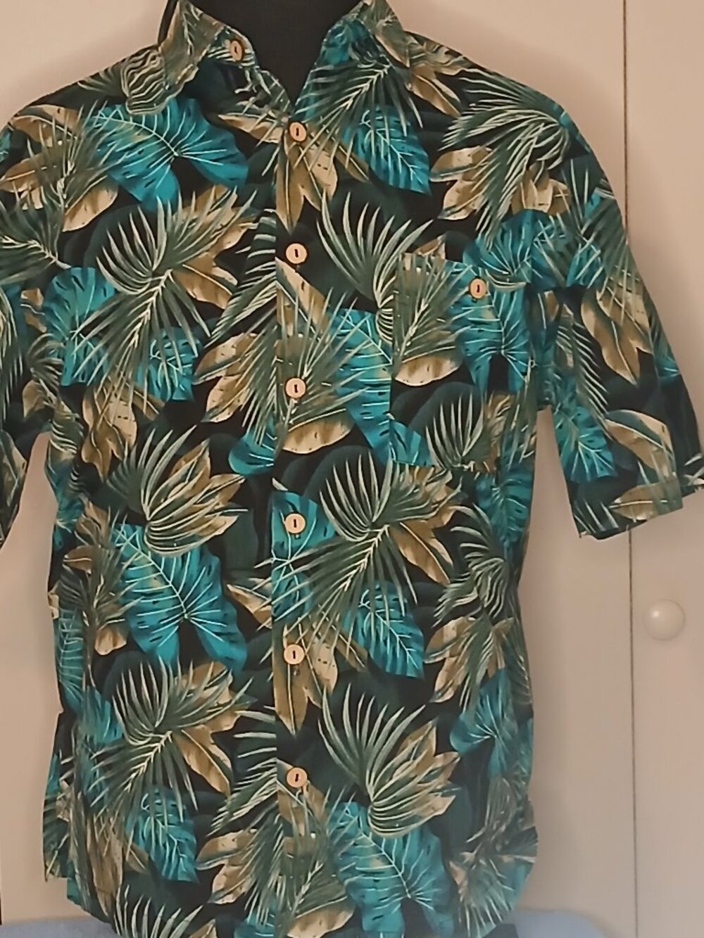 Alan Stuart Men's XL Blue Green Tropical Leaf Print Shirt (1041C4)